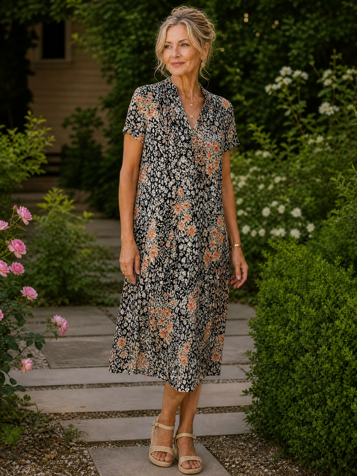 EARLING | Floral Collared Short Sleeve Midi Dress