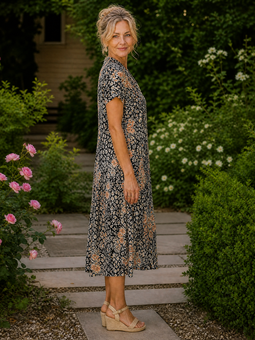 EARLING | Floral Collared Short Sleeve Midi Dress