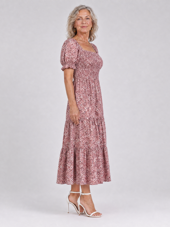 LOUSE | Floral Smocked Square Neck Midi Dress