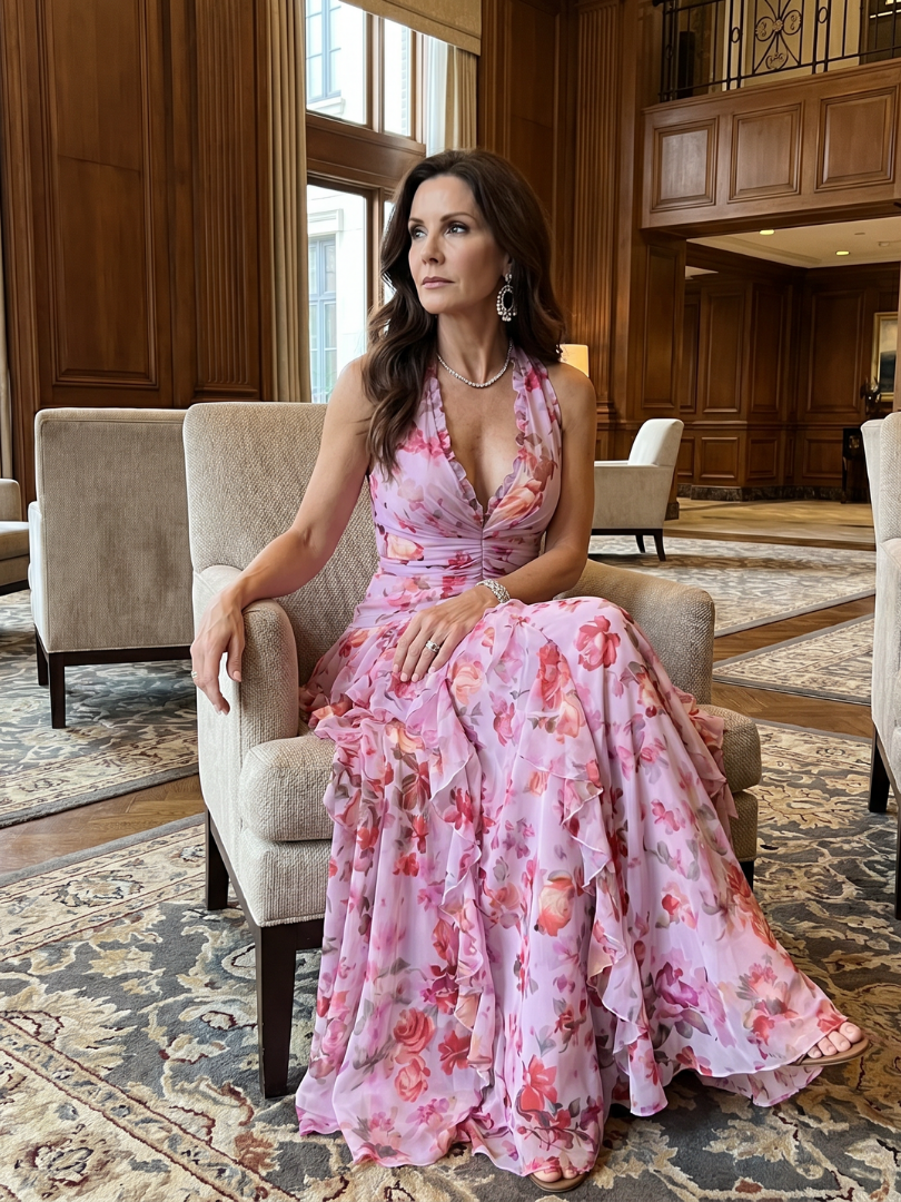 NORI| Halter Neck Ruched Bodice Floral Maxi Dress