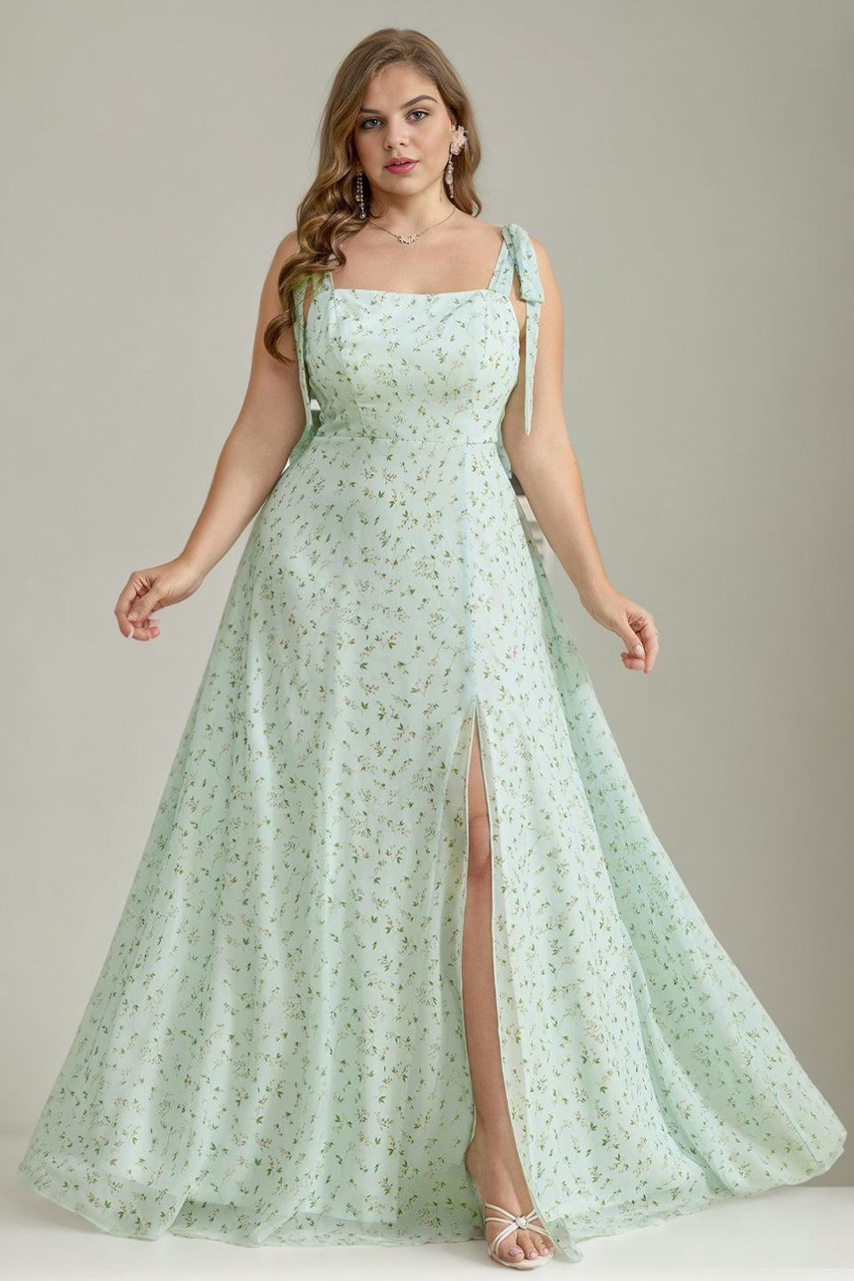 Plus Size Square Neck Spaghetti Strap Floral Embellishment High Slit Maxi Dress