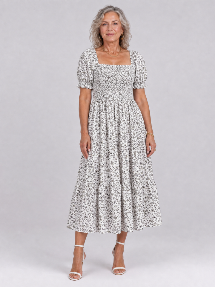 LOUSE | Floral Smocked Square Neck Midi Dress
