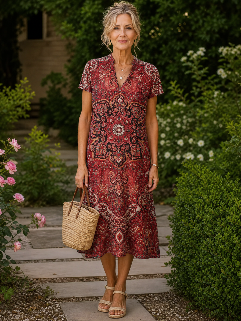 EARLING | Floral Collared Short Sleeve Midi Dress