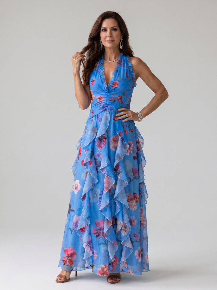 NORI| Halter Neck Ruched Bodice Floral Maxi Dress
