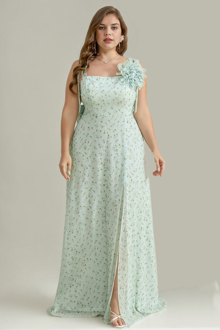 Plus Size Square Neck Spaghetti Strap Floral Embellishment High Slit Maxi Dress