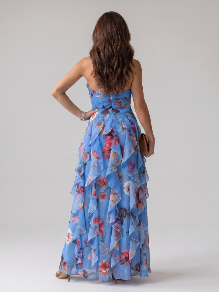 NORI| Halter Neck Ruched Bodice Floral Maxi Dress