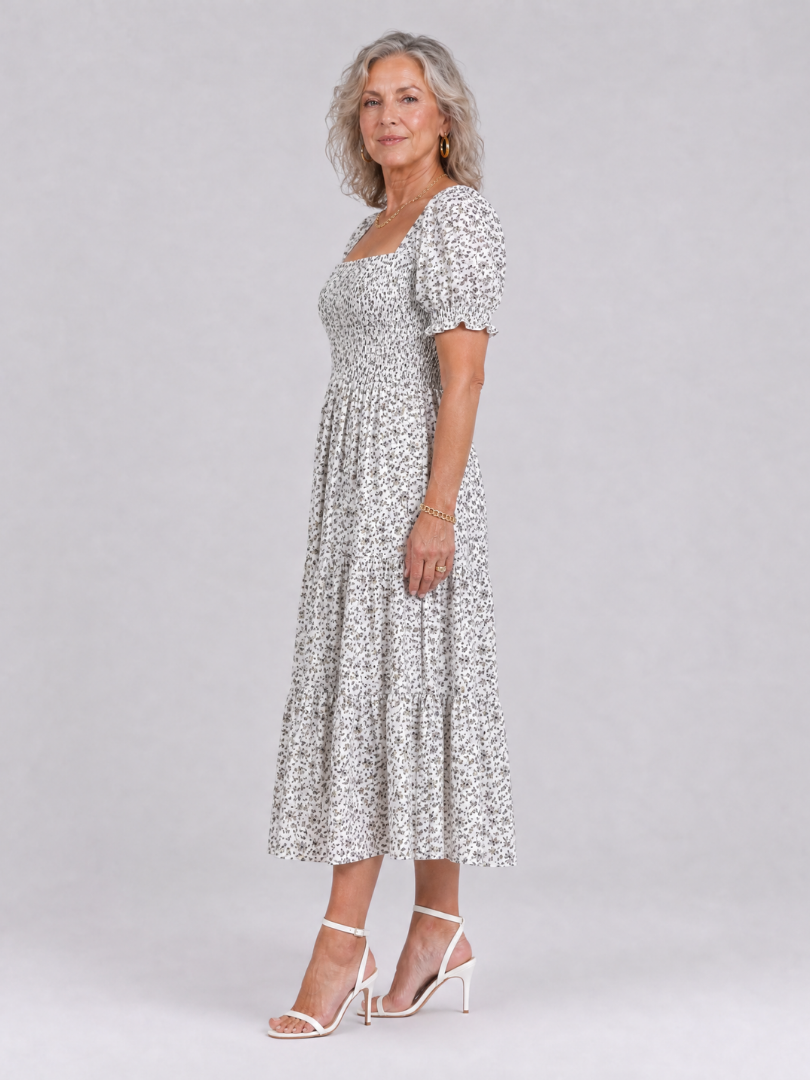 LOUSE | Floral Smocked Square Neck Midi Dress