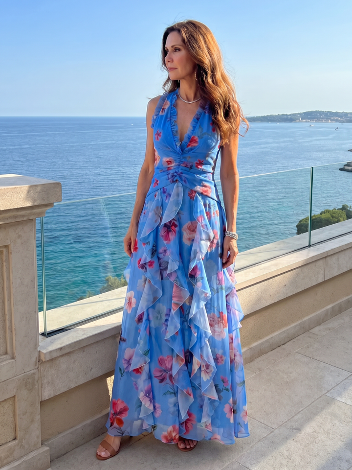 NORI| Halter Neck Ruched Bodice Floral Maxi Dress