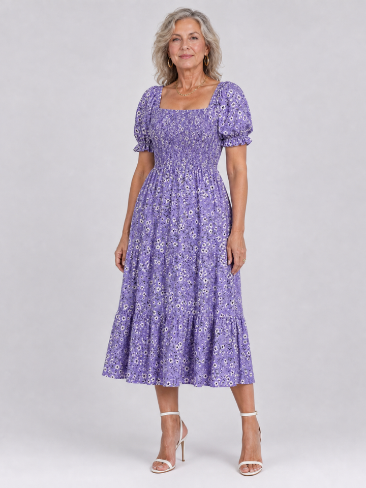 LOUSE | Floral Smocked Square Neck Midi Dress