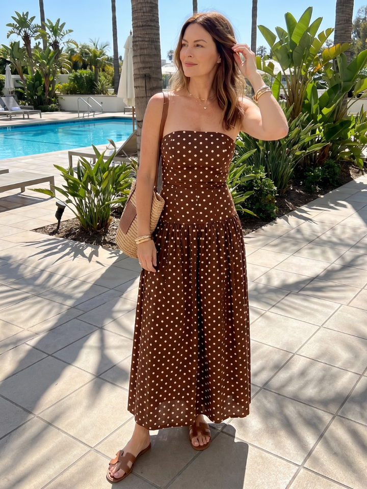 SORIEN | Strapless Polka Dot Pattern Midi Dress