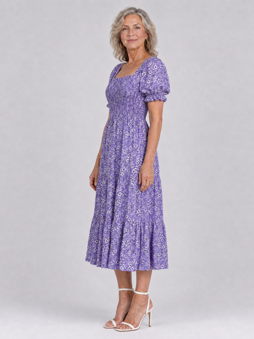 LOUSE | Floral Smocked Square Neck Midi Dress