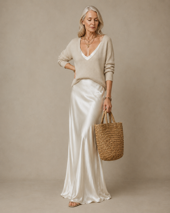 ELENA™ | Midi Satin Dress And Sweater