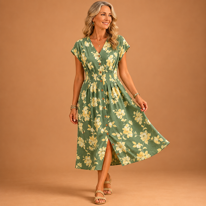 V-Neck Print Cinched Waist Button-Front Dress