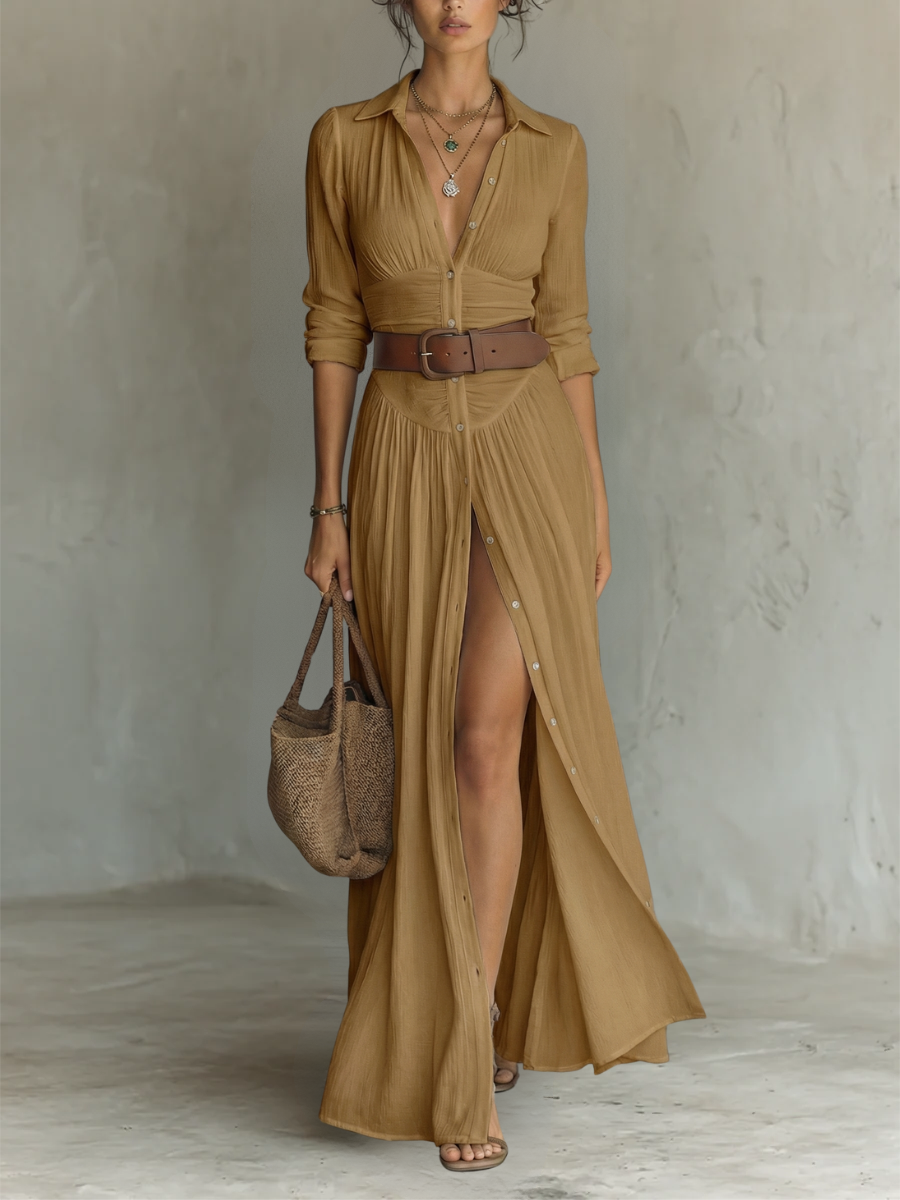 PAMELA - Long Maxi Dress with Notched Collar and Long Sleeves for Women