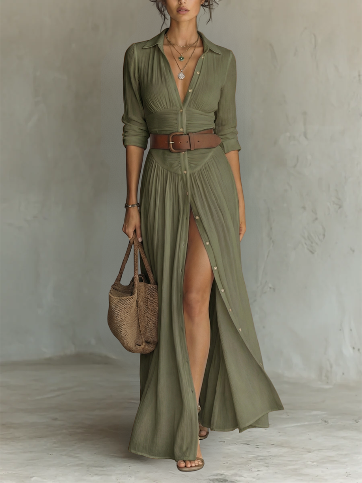 PAMELA - Long Maxi Dress with Notched Collar and Long Sleeves for Women