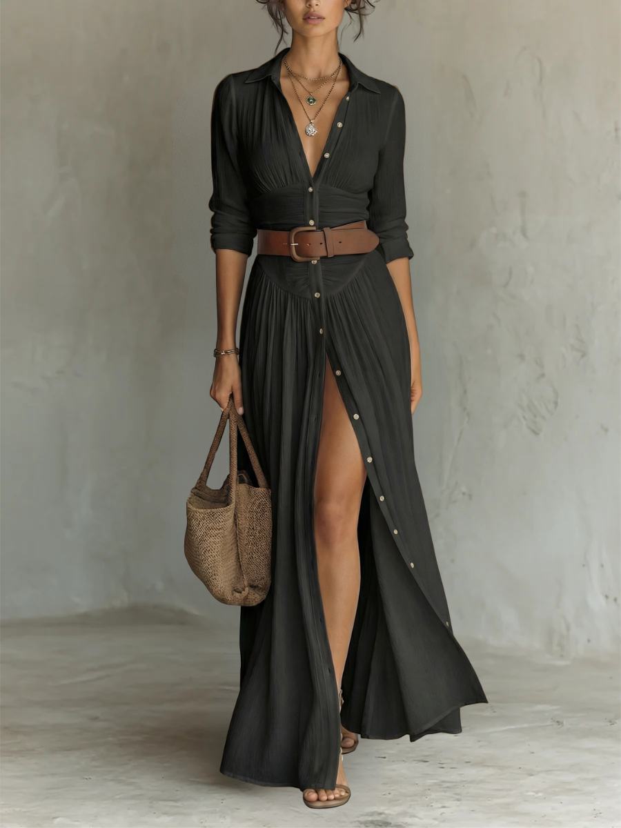 PAMELA - Long Maxi Dress with Notched Collar and Long Sleeves for Women