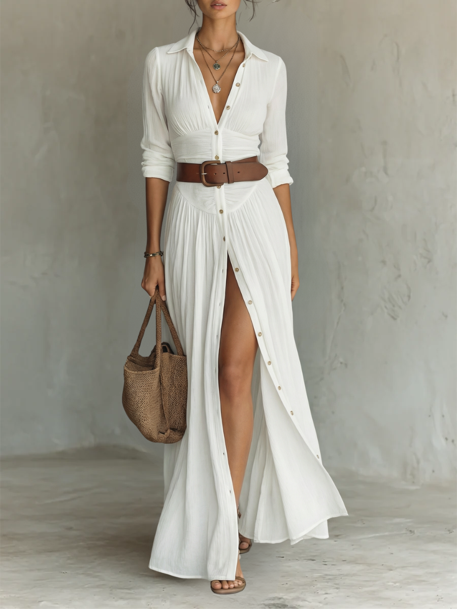PAMELA - Long Maxi Dress with Notched Collar and Long Sleeves for Women