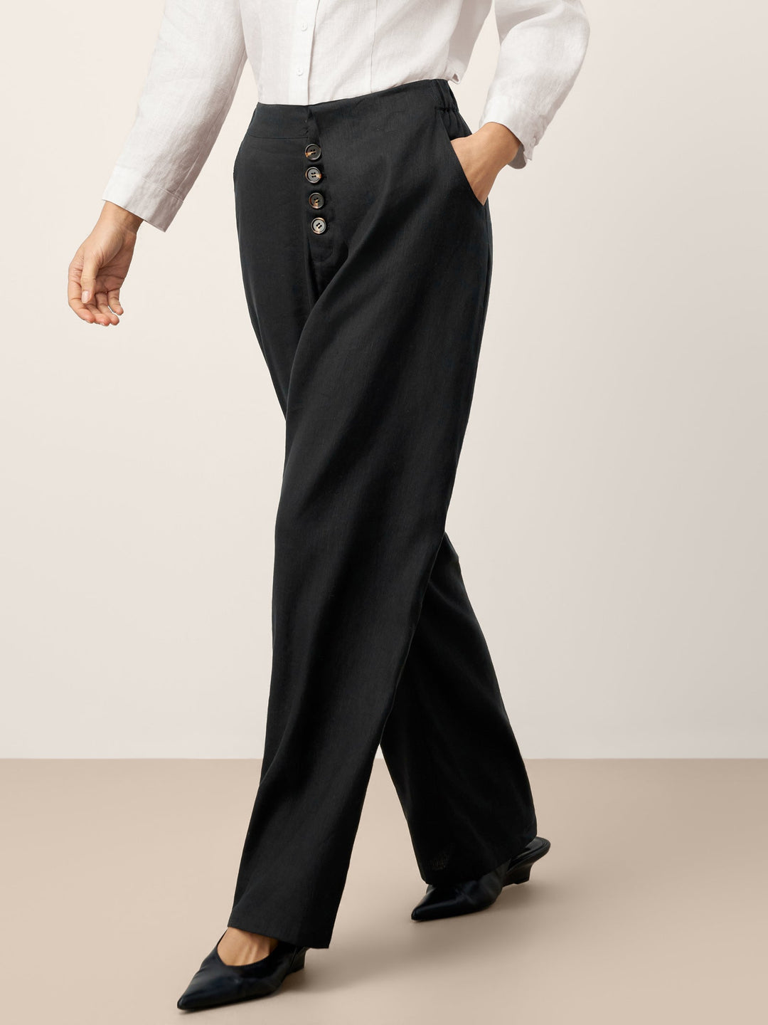 Linen-Lyocell Asymmetric Placket Straight Pants SAFFRON