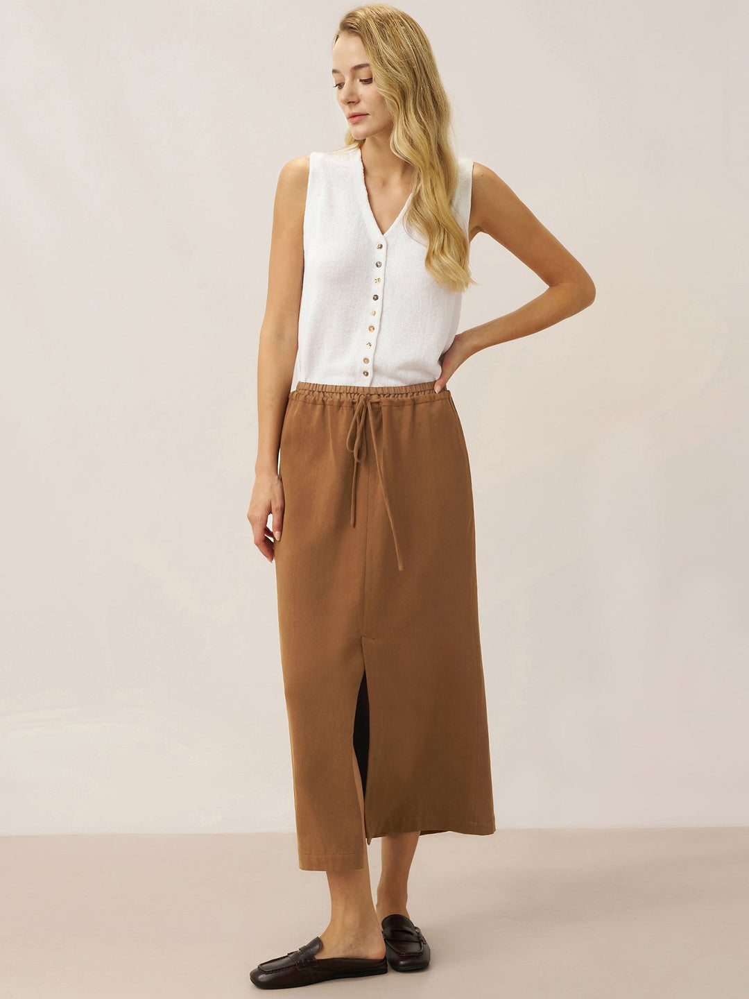 Lyocell Linen Drawstring Split Maxi Skirt SAMANTHA