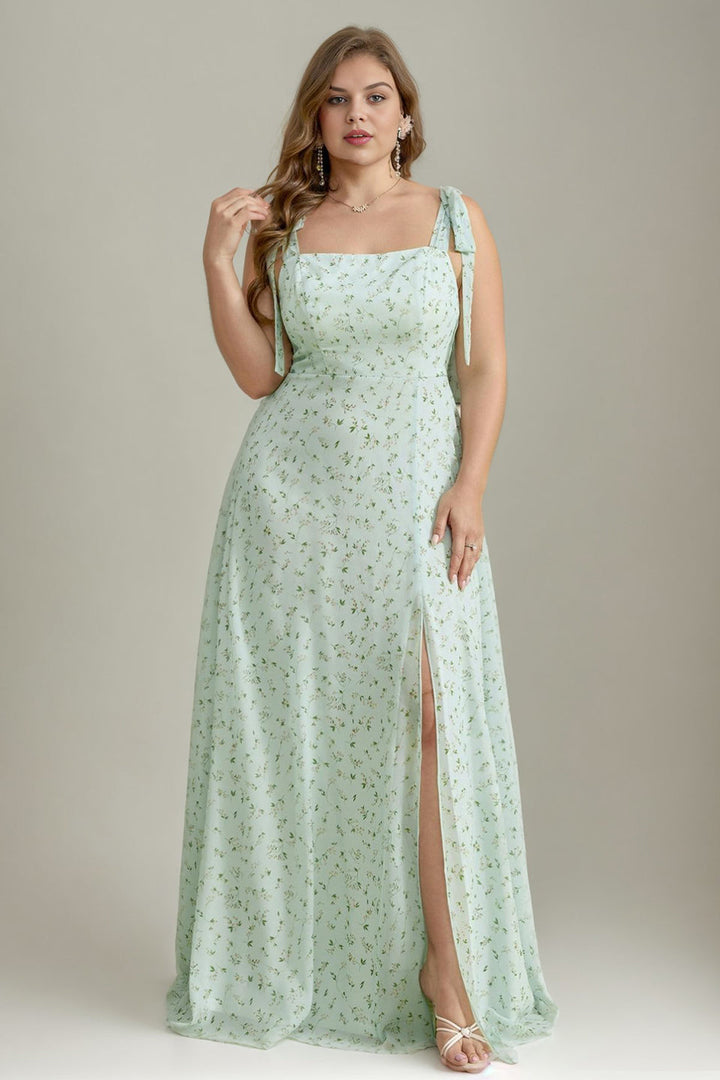 Plus Size Square Neck Spaghetti Strap Floral Embellishment High Slit Maxi Dress