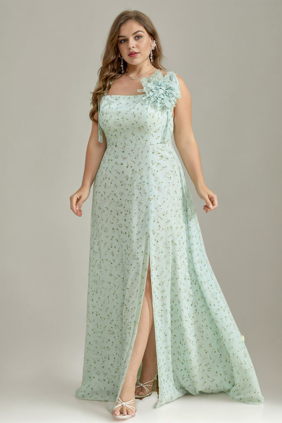 Plus Size Square Neck Spaghetti Strap Floral Embellishment High Slit Maxi Dress