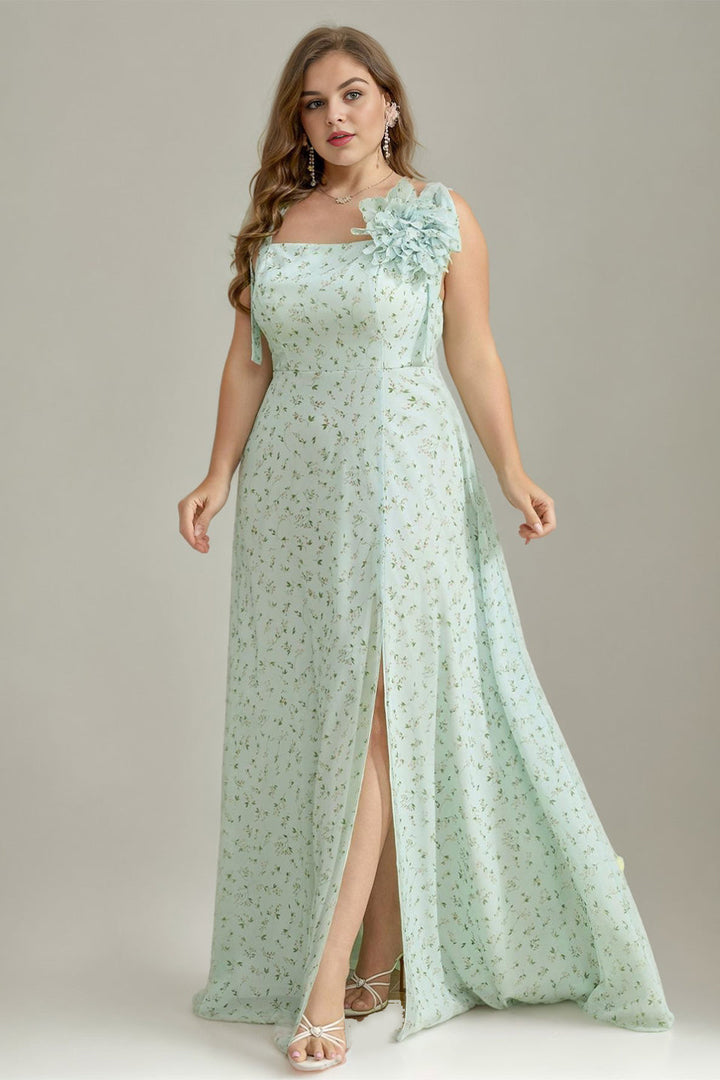 Plus Size Square Neck Spaghetti Strap Floral Embellishment High Slit Maxi Dress