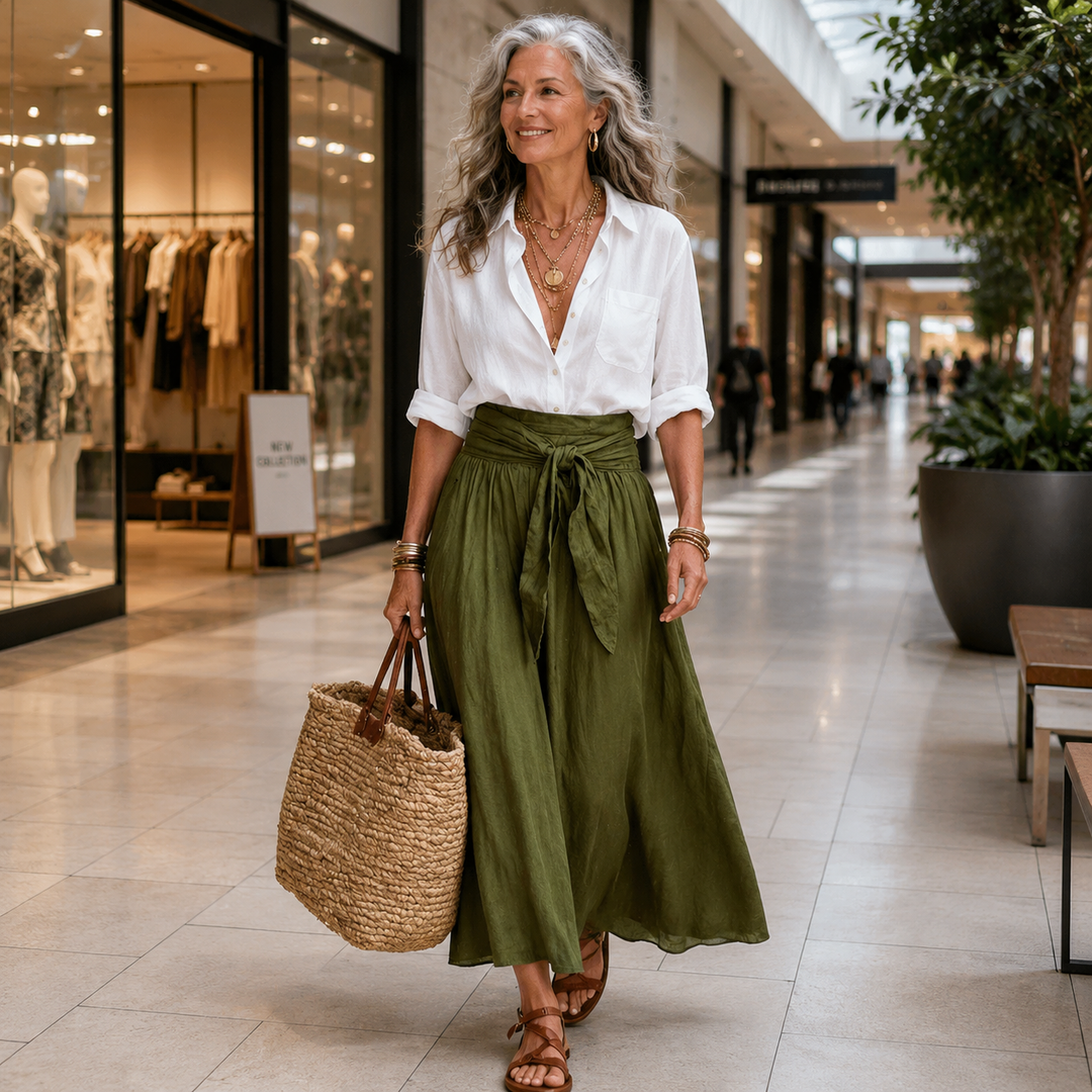 RIVER | Two-Piece Set: Black Top and Olive Green Midi Skirt
