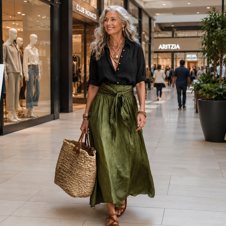 RIVER | Two-Piece Set: Black Top and Olive Green Midi Skirt