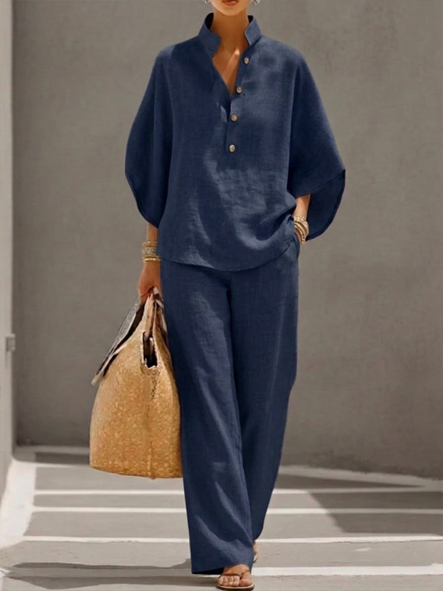 Elvira | Cotton Linen Batwing Sleeve Wide Leg Set