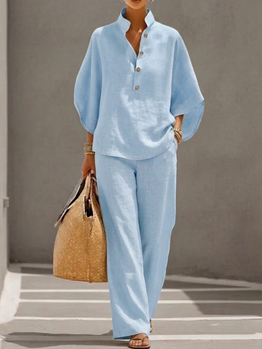 Elvira | Cotton Linen Batwing Sleeve Wide Leg Set